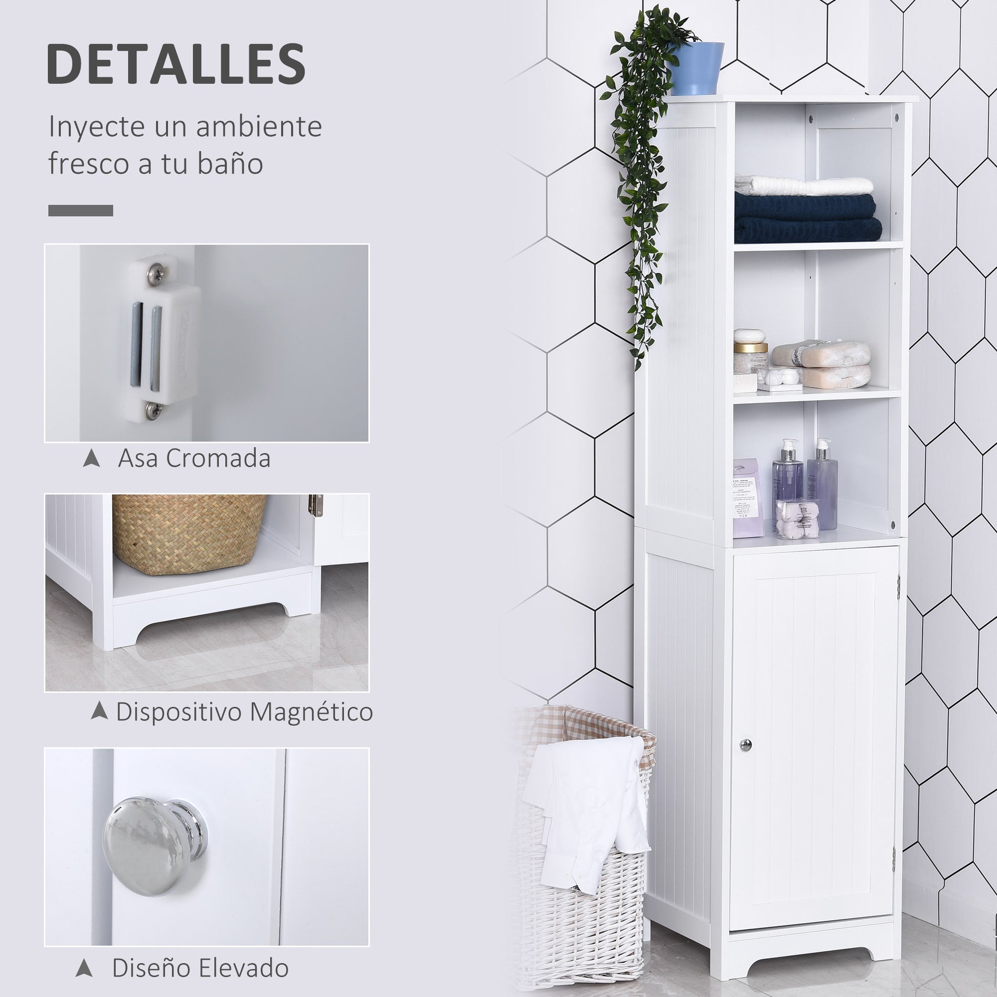 Tall Bathroom Cabinet 5-Level Bathroom Auxiliary Column with 3 Shelves 1 Door and Adjustable Inner Shelf 40x38x160 cm White