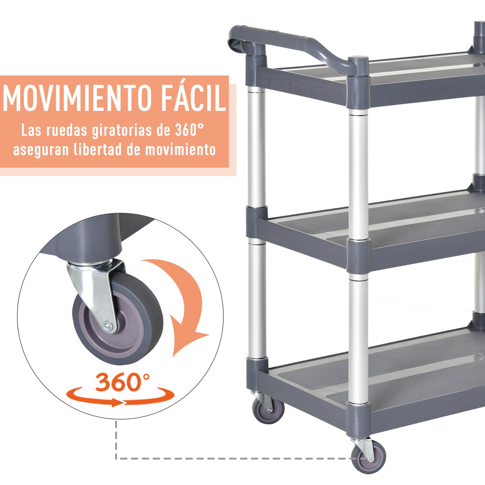 3-Tier Aluminum Alloy Wheeled Utility Cart Kitchen Storage Cart Load 105 kg for Dining Room Bathroom 88x44x93 cm Gray
