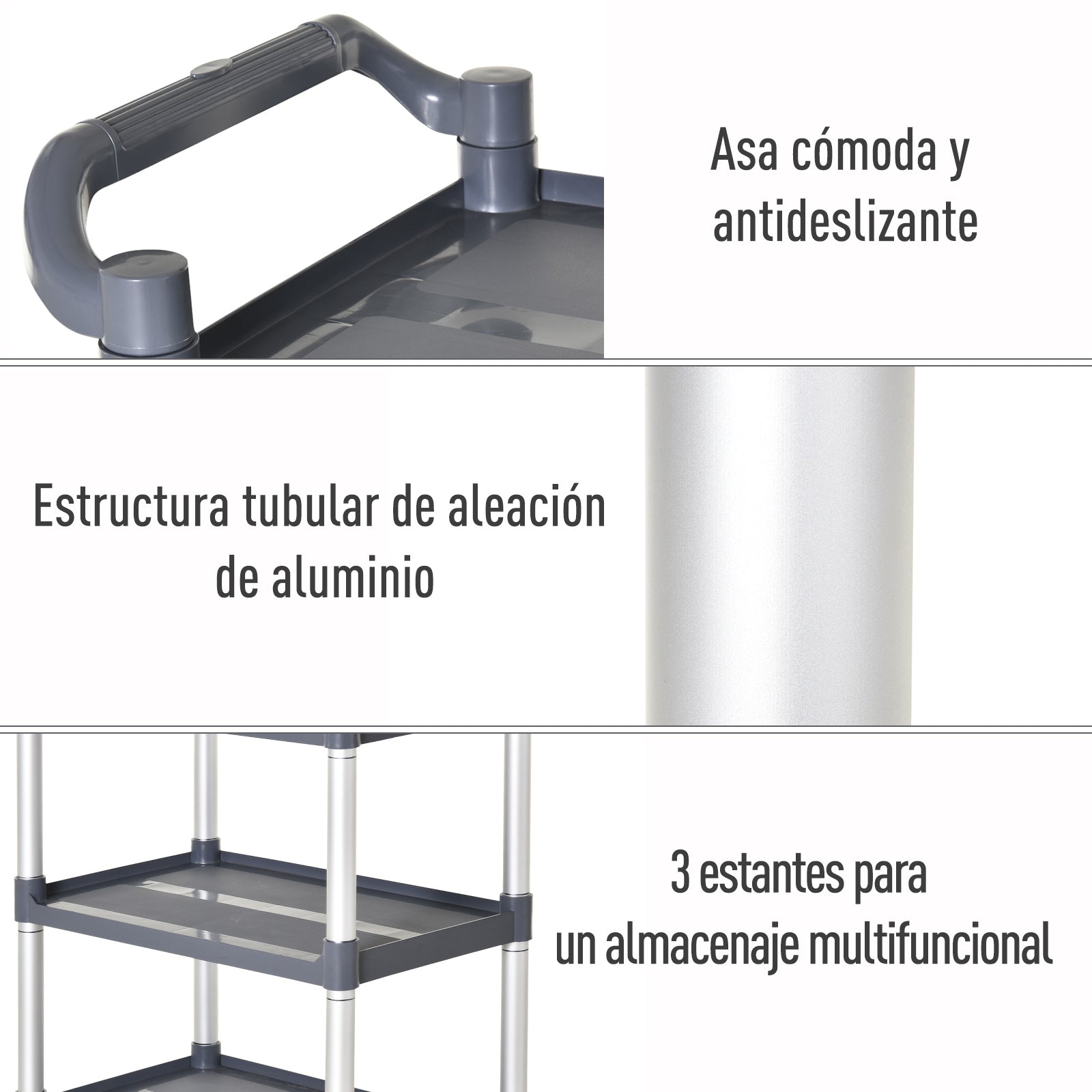 3-Tier Aluminum Alloy Wheeled Utility Cart Kitchen Storage Cart Load 105 kg for Dining Room Bathroom 88x44x93 cm Gray