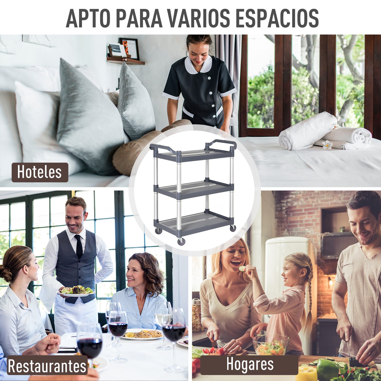 3-Tier Aluminum Alloy Wheeled Utility Cart Kitchen Storage Cart Load 105 kg for Dining Room Bathroom 88x44x93 cm Gray
