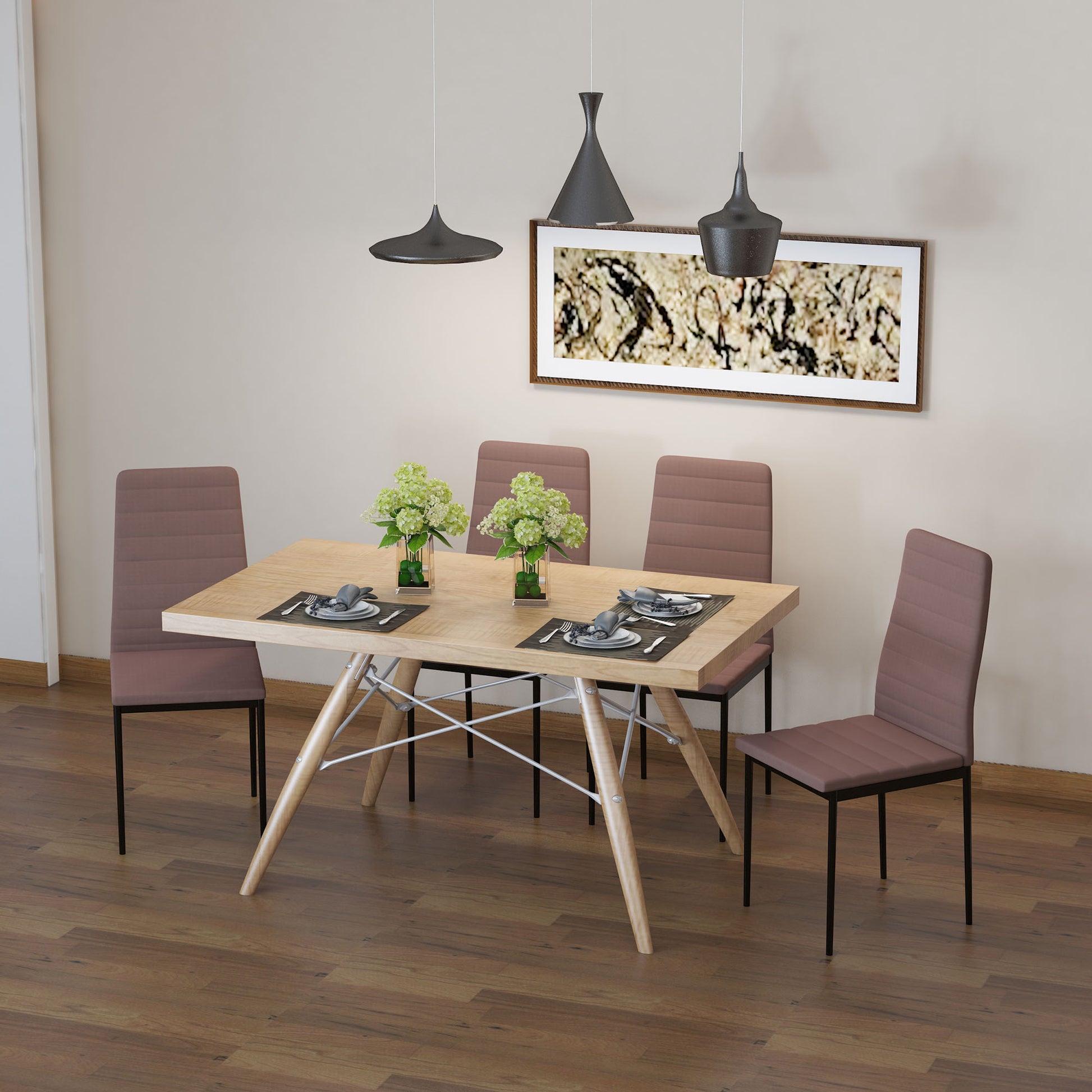Set of 4 Upholstered Chairs for Living Room or Dining Room, Modern Kitchen Chairs, in Metal and Khaki Fabric