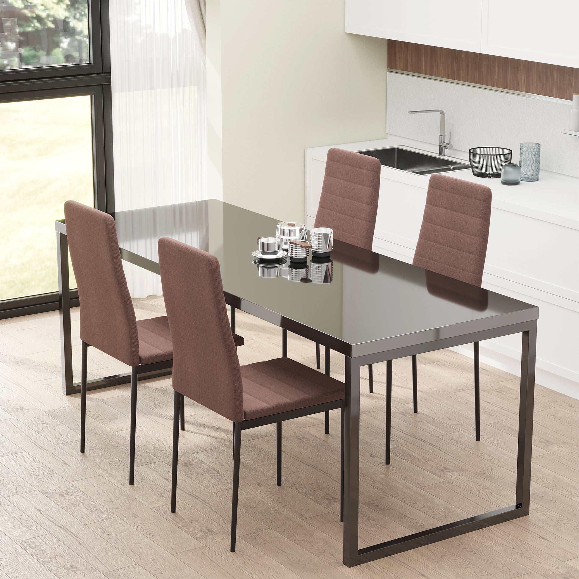 Set of 4 Upholstered Chairs for Living Room or Dining Room, Modern Kitchen Chairs, in Metal and Khaki Fabric