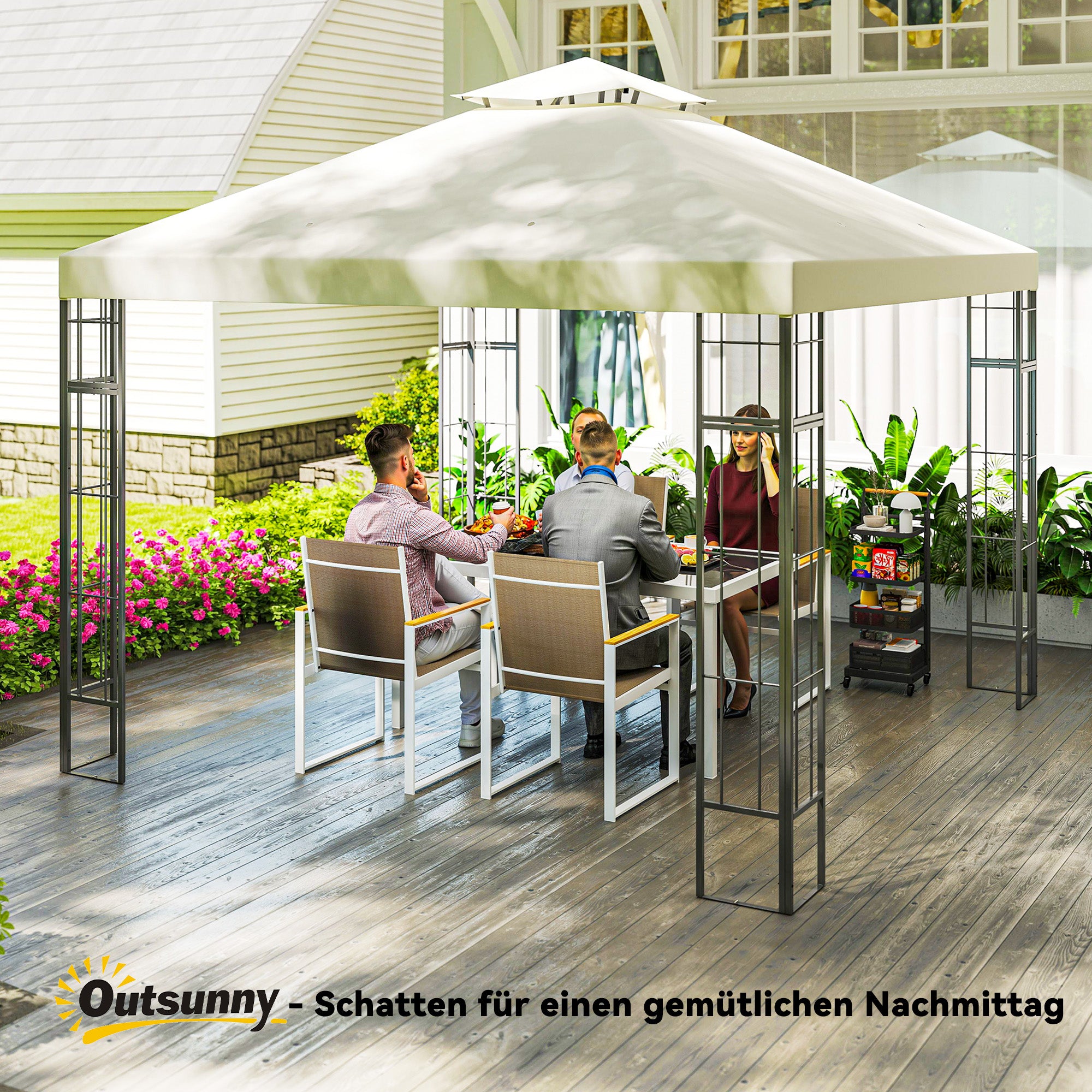Pavilion with Double Roof, approx. 3x3m Waterproof Sturdy Winterproof Garden Gazebo with UV Protection Party Tent made of Metal, for Garden, Patio, Cream White