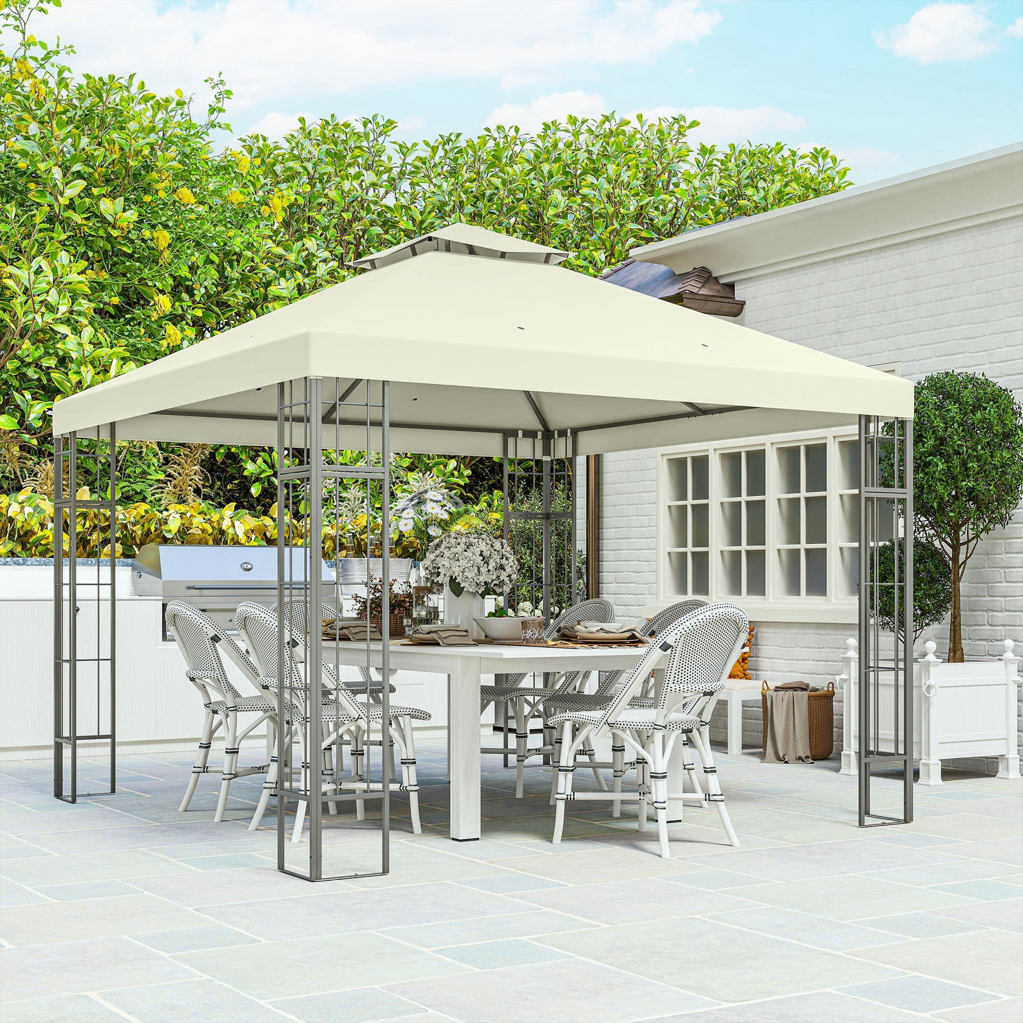 Pavilion with Double Roof, approx. 3x3m Waterproof Sturdy Winterproof Garden Gazebo with UV Protection Party Tent made of Metal, for Garden, Patio, Cream White