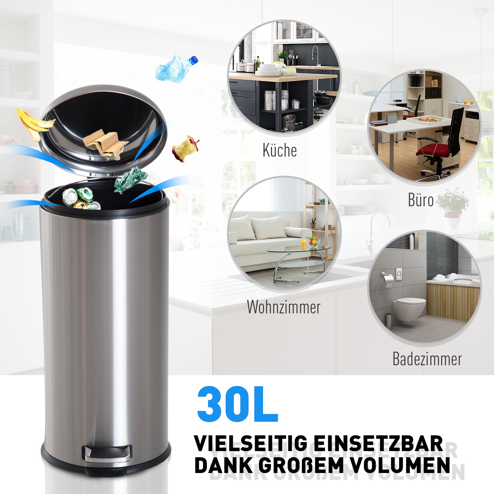 30L Trash Can, Waste Bin, Pedal Bin with Lid, Inner Bucket, Waste Separation for Living Room, Office, Round