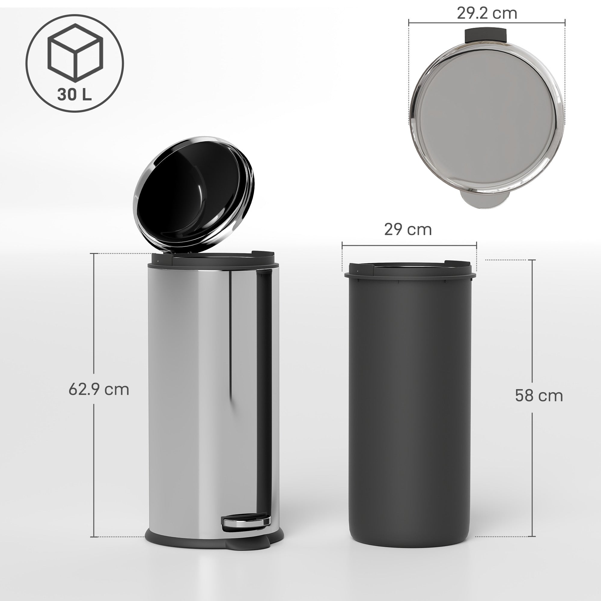 30L Trash Can, Waste Bin, Pedal Bin with Lid, Inner Bucket, Waste Separation for Living Room, Office, Round