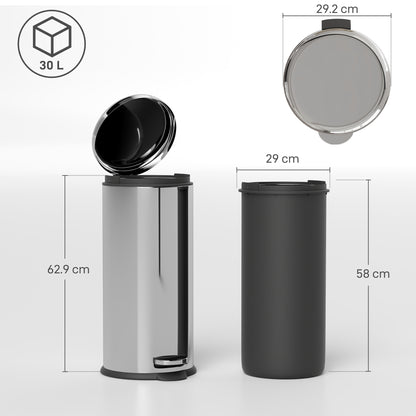 30L Trash Can, Waste Bin, Pedal Bin with Lid, Inner Bucket, Waste Separation for Living Room, Office, Round