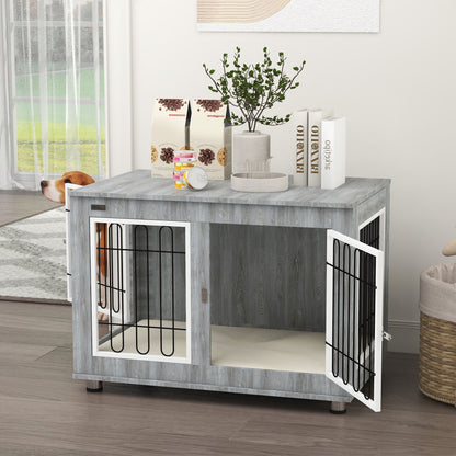Dog Crate Furniture with 2 Doors Cushion 2 Locks Metal Dog Box for Home Indoor Dog House for Large Dogs up to 25 kg Side Table Dog House 90 x 58 x 65 cm Gray