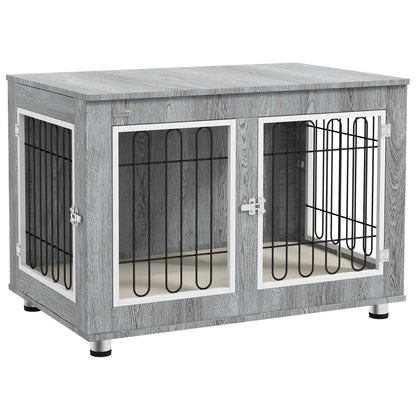 Dog Crate Furniture with 2 Doors Cushion 2 Locks Metal Dog Box for Home Indoor Dog House for Large Dogs up to 25 kg Side Table Dog House 90 x 58 x 65 cm Gray
