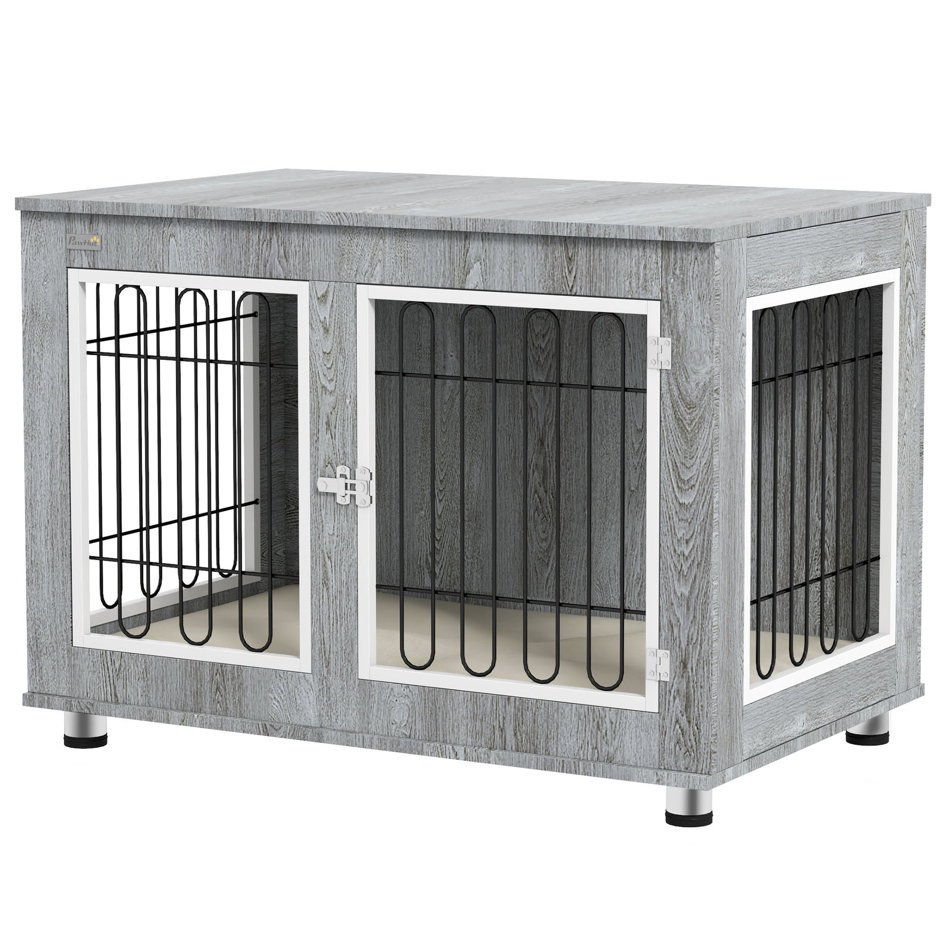 Dog Crate Furniture with 2 Doors Cushion 2 Locks Metal Dog Box for Home Indoor Dog House for Large Dogs up to 25 kg Side Table Dog House 90 x 58 x 65 cm Gray