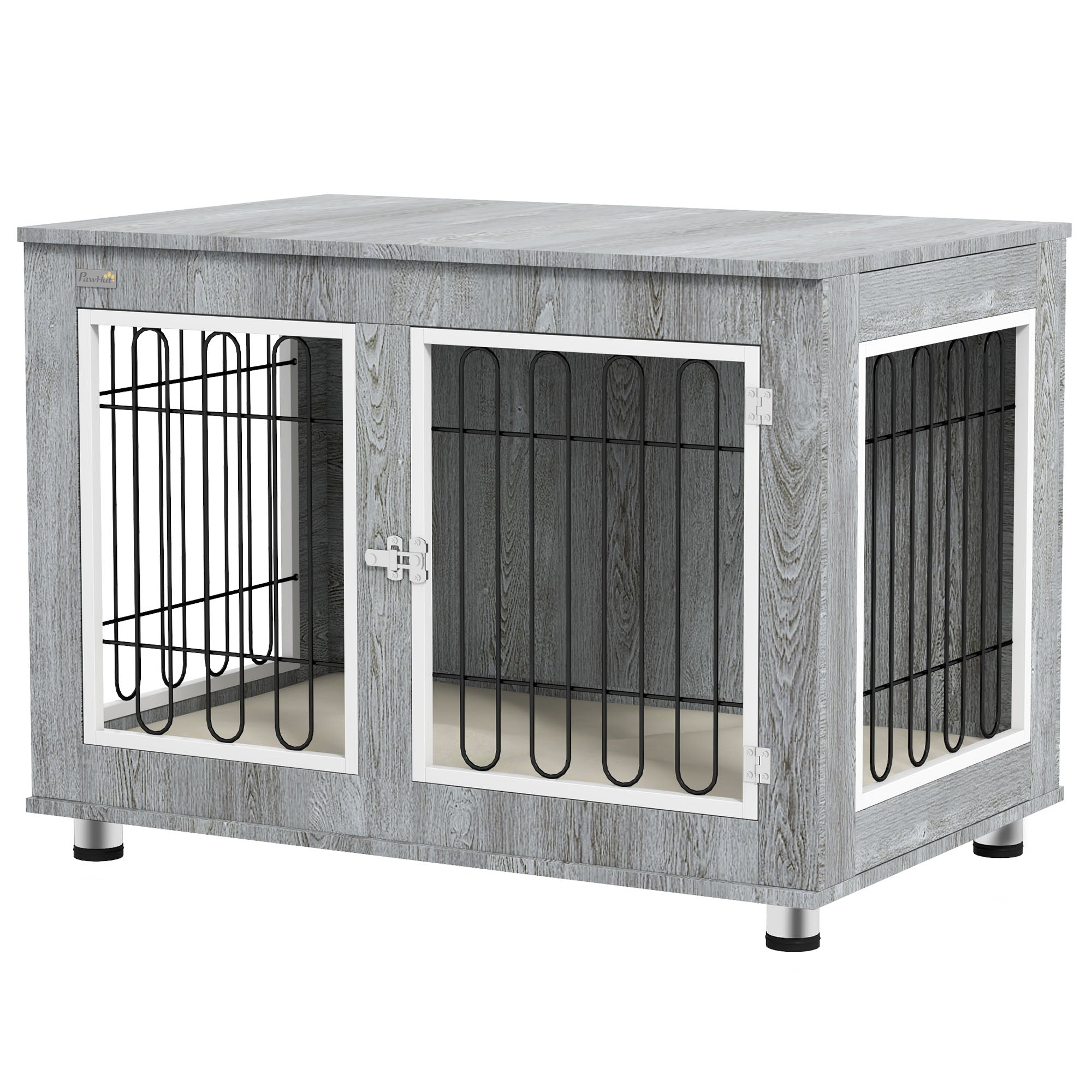 Dog Crate Furniture with 2 Doors Cushion 2 Locks Metal Dog Box for Home Indoor Dog House for Large Dogs up to 25 kg Side Table Dog House 90 x 58 x 65 cm Gray
