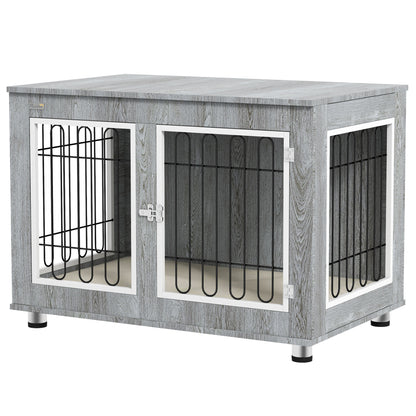 Dog Crate Furniture with 2 Doors Cushion 2 Locks Metal Dog Box for Home Indoor Dog House for Large Dogs up to 25 kg Side Table Dog House 90 x 58 x 65 cm Gray