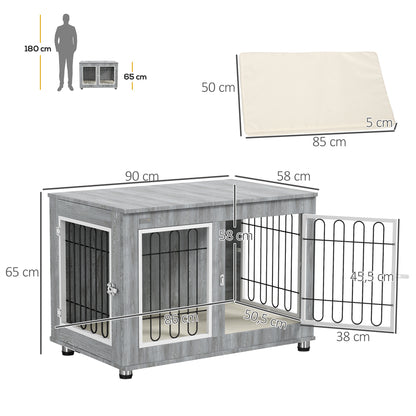 Dog Crate Furniture with 2 Doors Cushion 2 Locks Metal Dog Box for Home Indoor Dog House for Large Dogs up to 25 kg Side Table Dog House 90 x 58 x 65 cm Gray