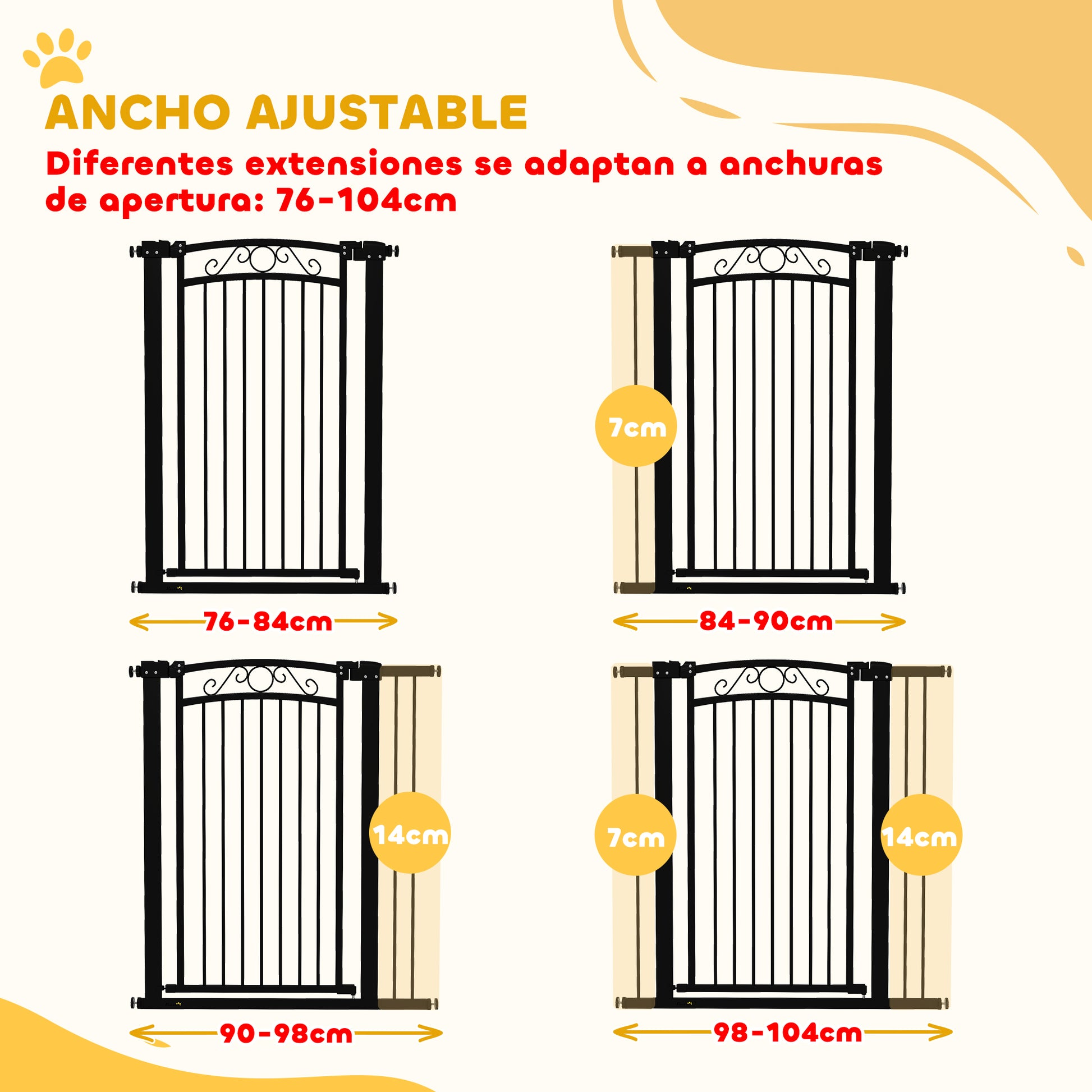 Dog Barrier Dog Gate 76-104 cm Pet Safety Gate with 2 Extensions 7/14 cm and Double Lock for Stairs and Doors Black