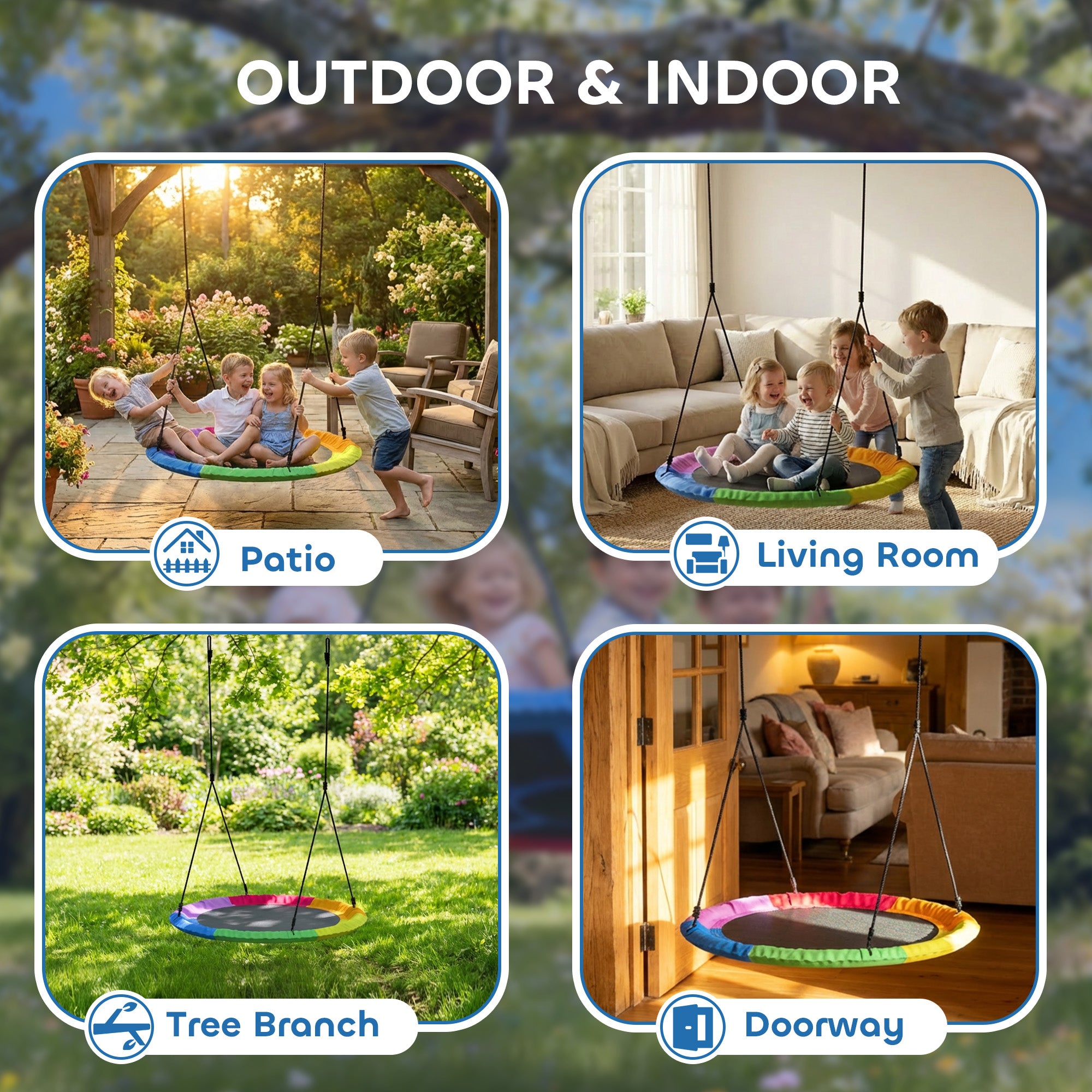 Adjustable 47" Nest Swing — 661 lb Capacity, Adjustable Ropes & Tree Straps, Disc Swing for Kids Ages 3–8, Indoor/Outdoor, Multicolored