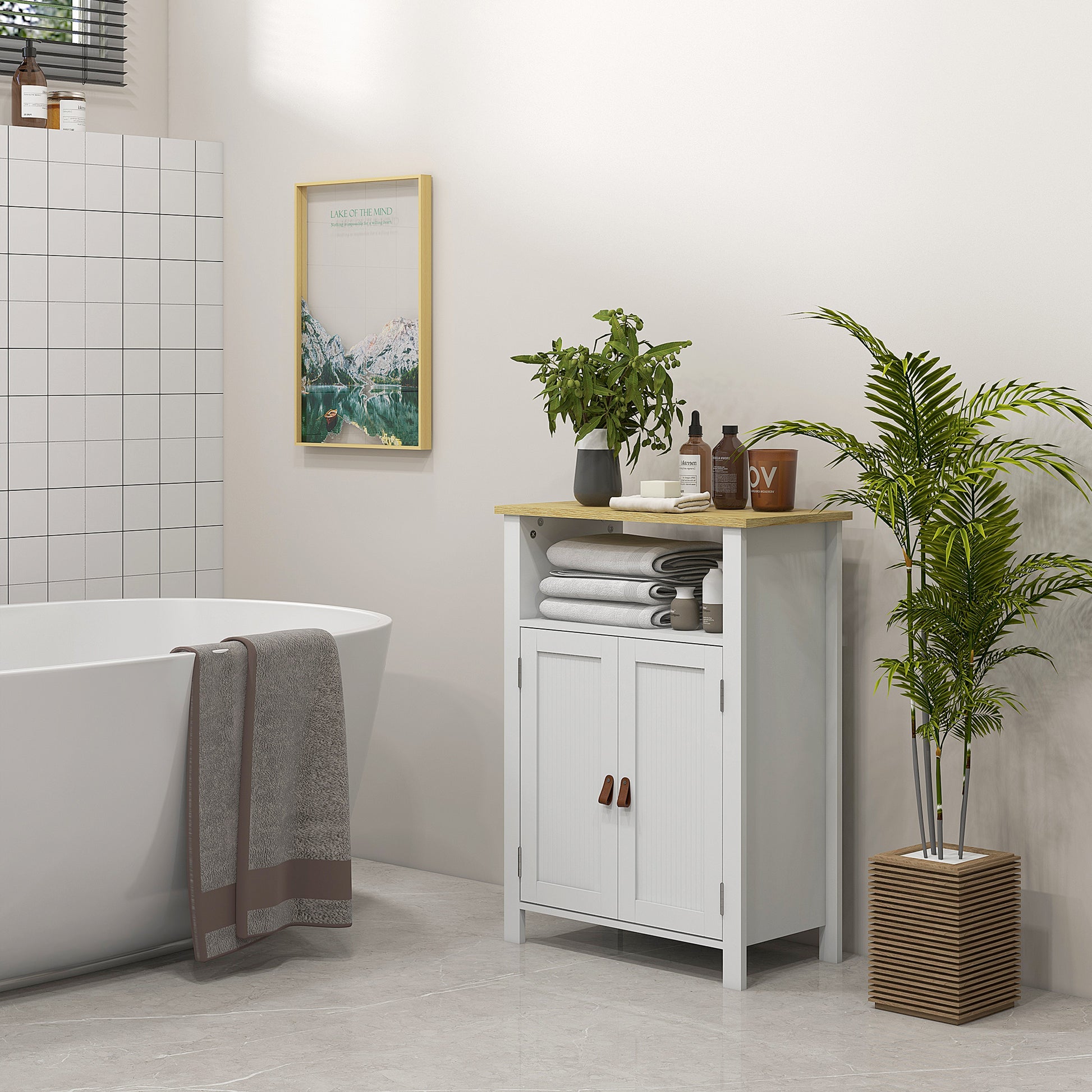 Bathroom Cabinet with 2 Doors, Open Compartment, and Adjustable Shelves Modern Bathroom Furniture 60x30x80.5 cm White