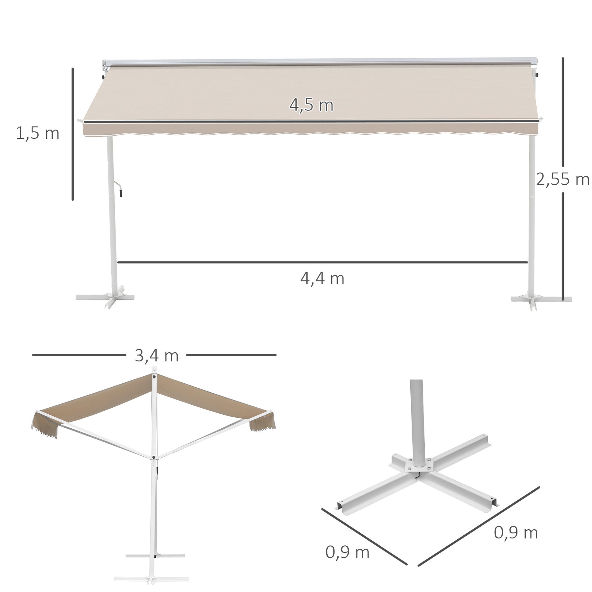 Freestanding Awning Awning 4.5 x 3.4m Terrace Cover Garden Awning with Folding Arm Crank Terrace Cream Alu Metal