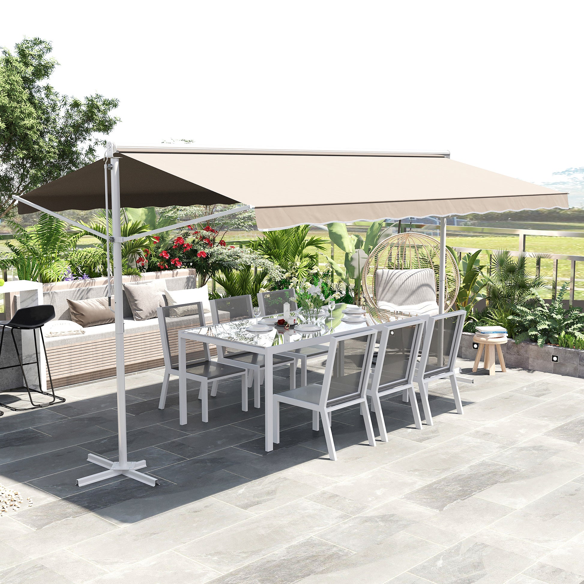 Freestanding Awning Awning 4.5 x 3.4m Terrace Cover Garden Awning with Folding Arm Crank Terrace Cream Alu Metal