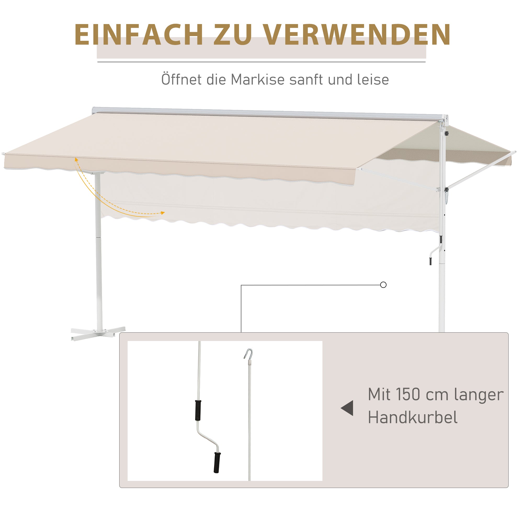 Freestanding Awning Awning 4.5 x 3.4m Terrace Cover Garden Awning with Folding Arm Crank Terrace Cream Alu Metal