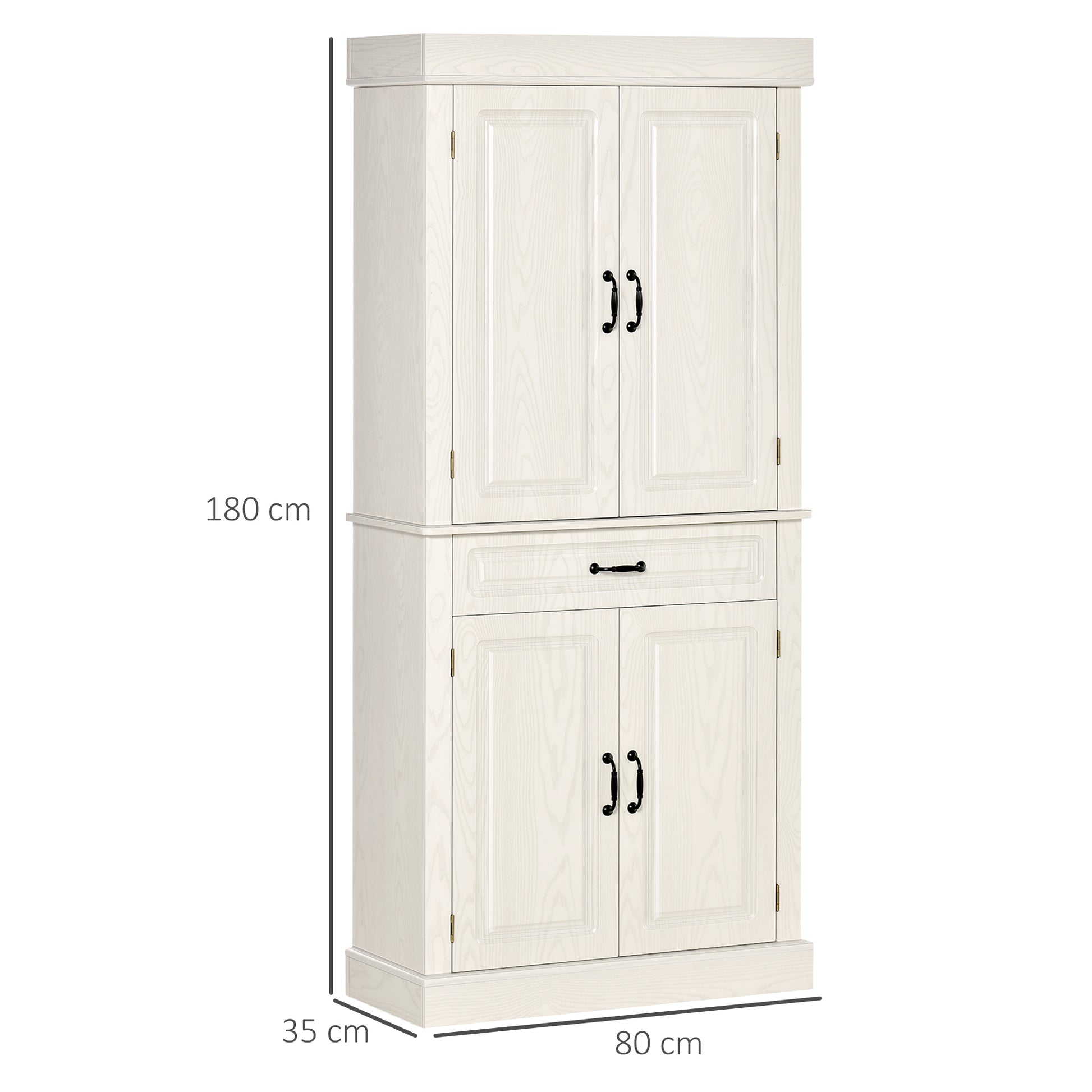 Kitchen Sideboard with 2 Cabinets and Drawer, Colonial Style Wooden Pantry Cabinet, 80x35x180cm White
