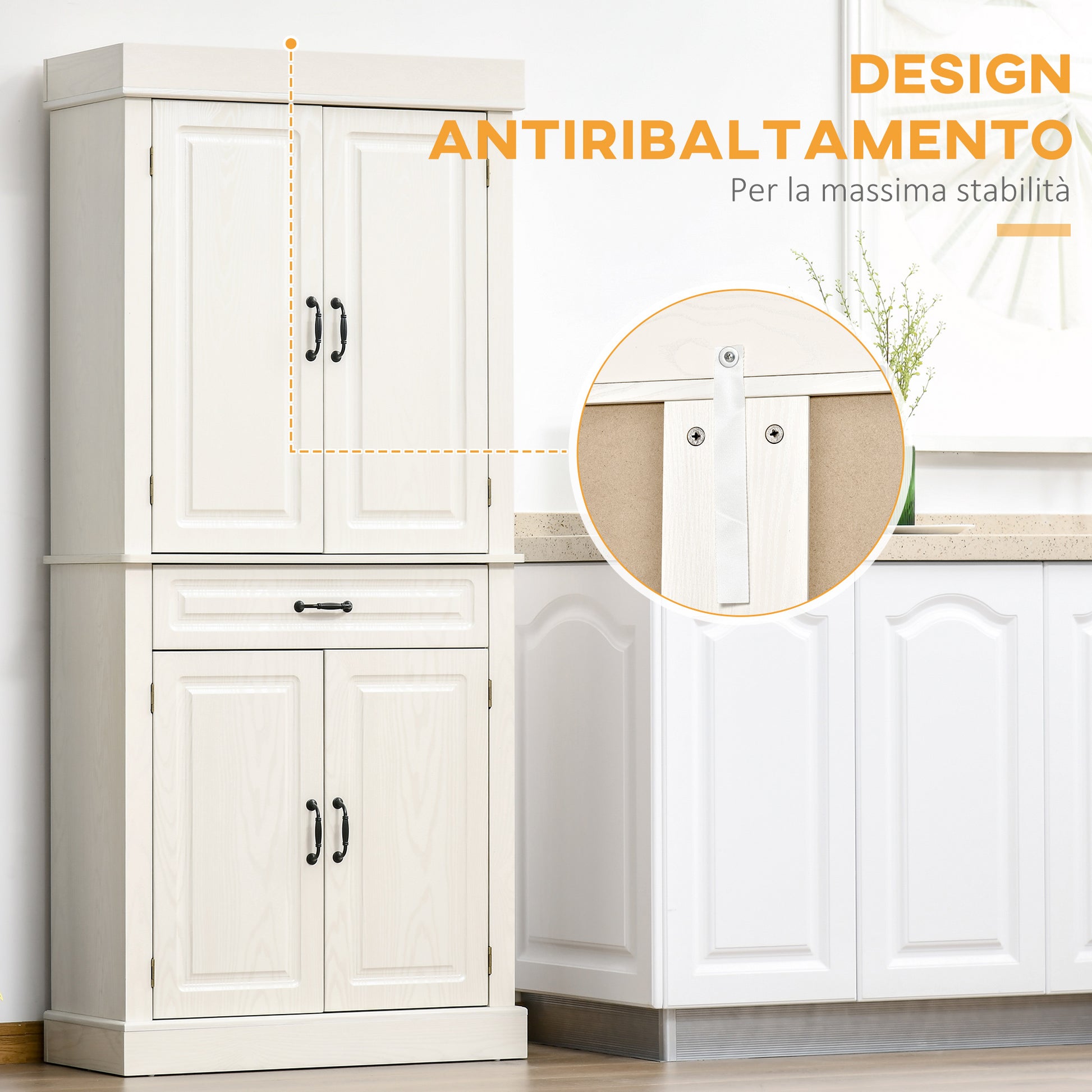 Kitchen Sideboard with 2 Cabinets and Drawer, Colonial Style Wooden Pantry Cabinet, 80x35x180cm White