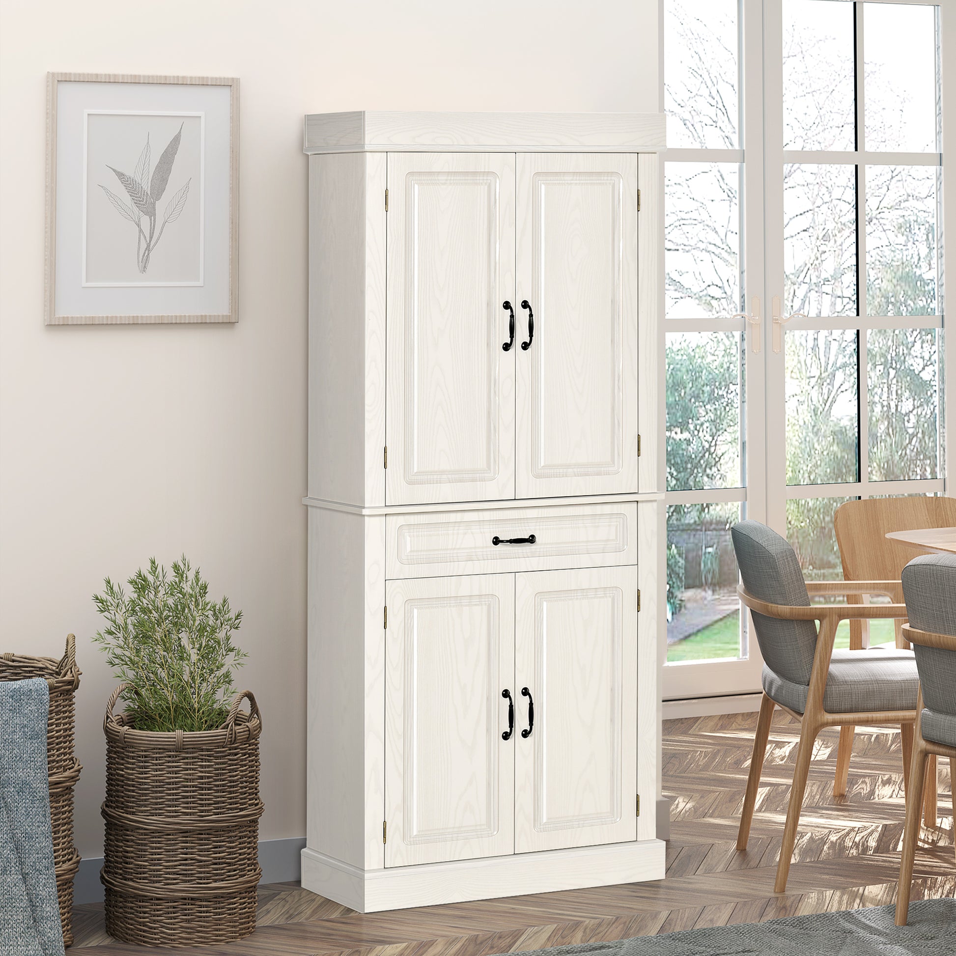 Kitchen Sideboard with 2 Cabinets and Drawer, Colonial Style Wooden Pantry Cabinet, 80x35x180cm White