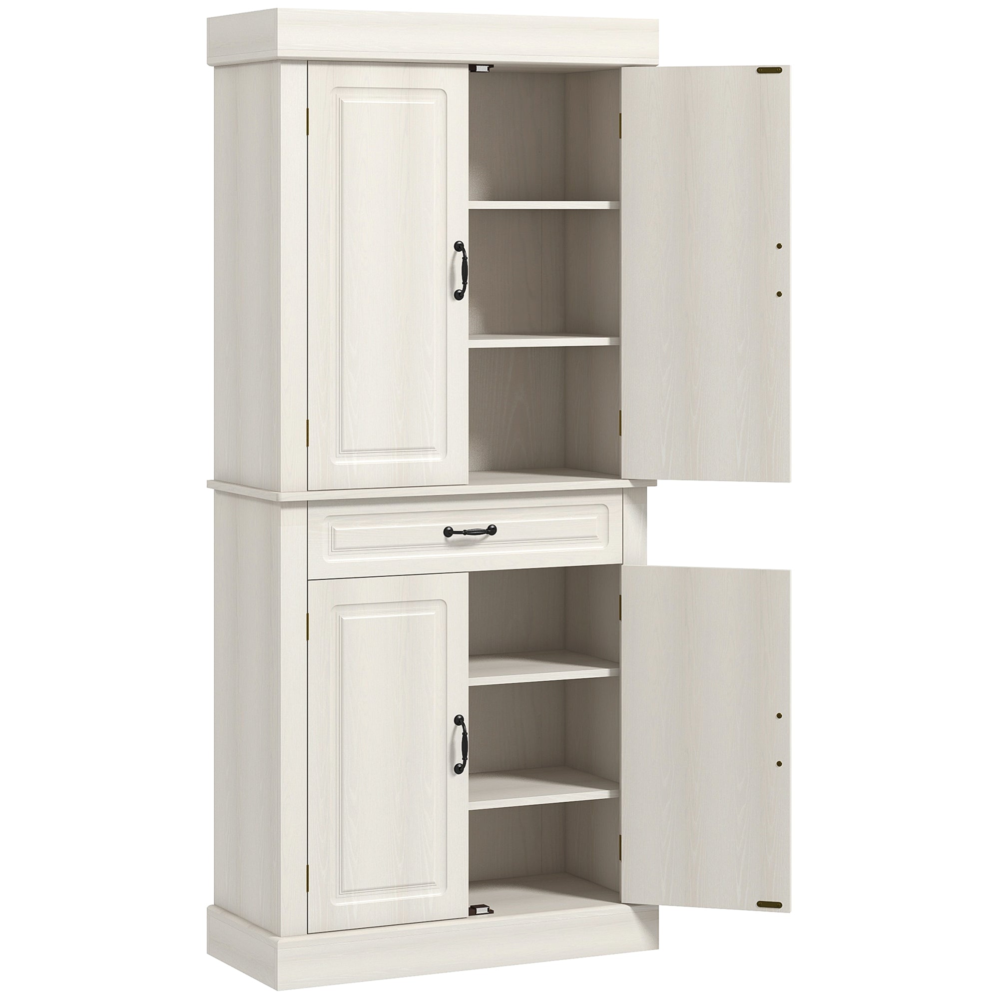 Kitchen Sideboard with 2 Cabinets and Drawer, Colonial Style Wooden Pantry Cabinet, 80x35x180cm White