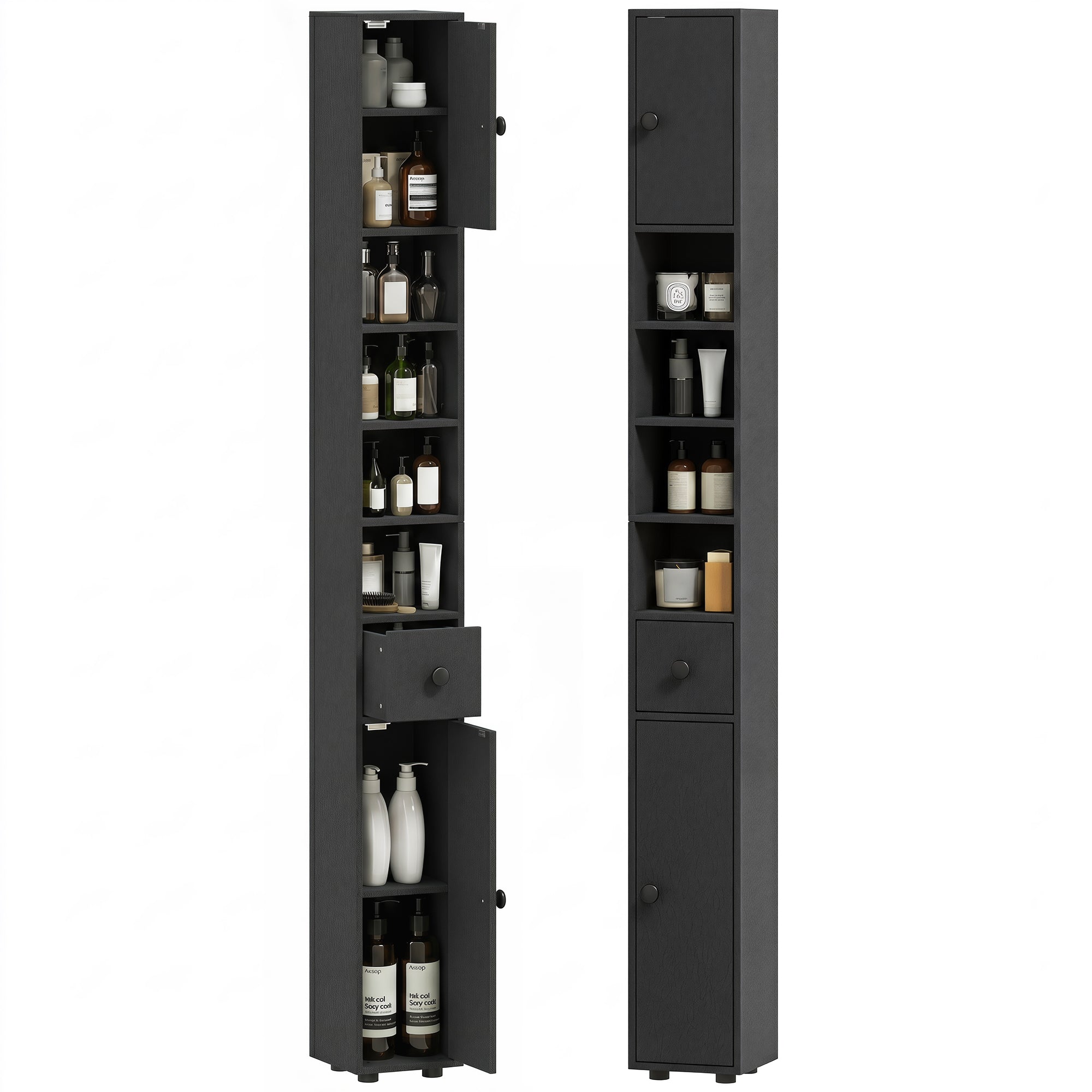 Slim Bathroom Cabinet, Tall Toilet Cupboard with Drawer and 4 Open Shelves, Space-Saving Bathroom & Living Room Storage, 8 x 8 x 71 in (20 x 20 x 180 cm), Black