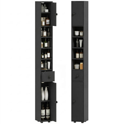 Slim Bathroom Cabinet, Tall Toilet Cupboard with Drawer and 4 Open Shelves, Space-Saving Bathroom & Living Room Storage, 8 x 8 x 71 in (20 x 20 x 180 cm), Black