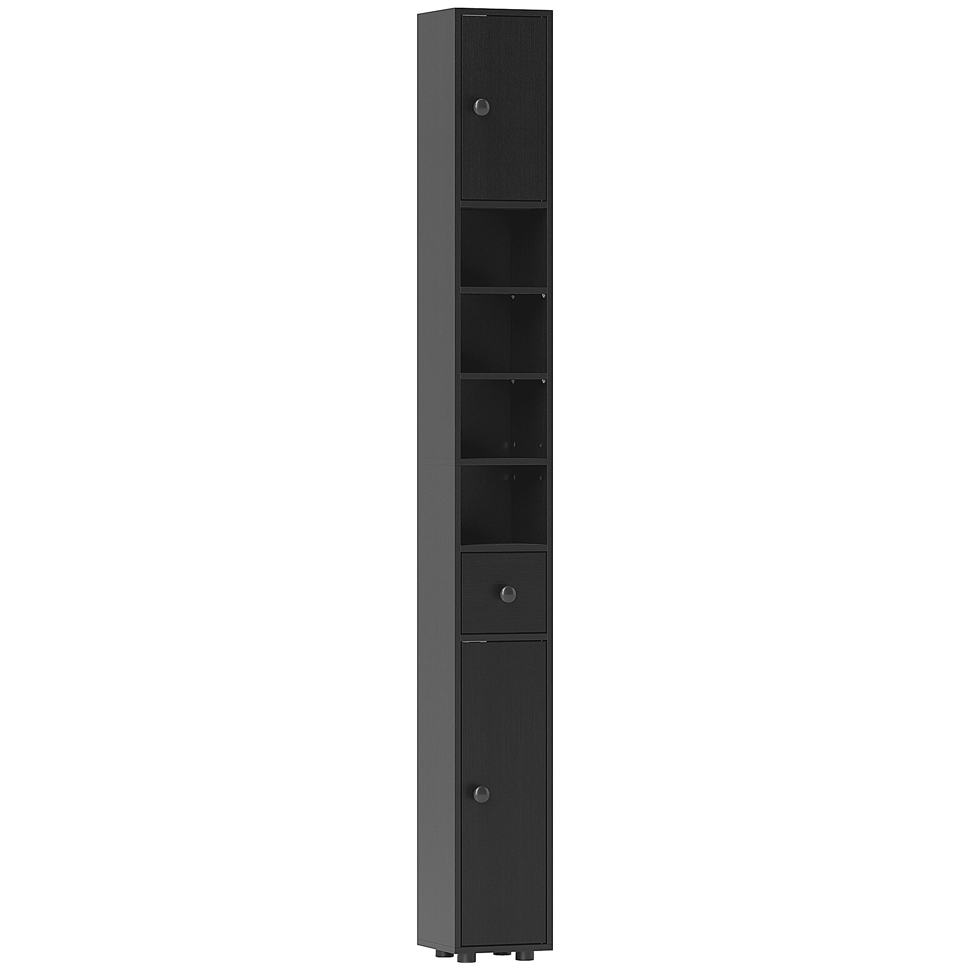 Slim Bathroom Cabinet, Tall Toilet Cupboard with Drawer and 4 Open Shelves, Space-Saving Bathroom & Living Room Storage, 8 x 8 x 71 in (20 x 20 x 180 cm), Black
