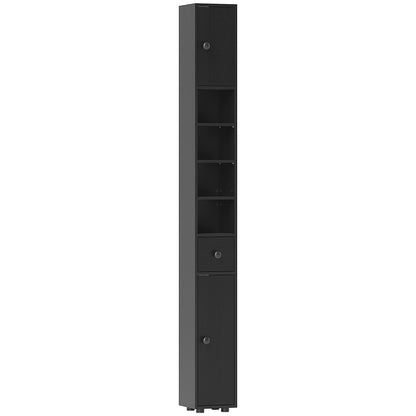 Slim Bathroom Cabinet, Tall Toilet Cupboard with Drawer and 4 Open Shelves, Space-Saving Bathroom & Living Room Storage, 8 x 8 x 71 in (20 x 20 x 180 cm), Black