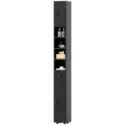 Slim Bathroom Cabinet, Tall Toilet Cupboard with Drawer and 4 Open Shelves, Space-Saving Bathroom & Living Room Storage, 8 x 8 x 71 in (20 x 20 x 180 cm), Black