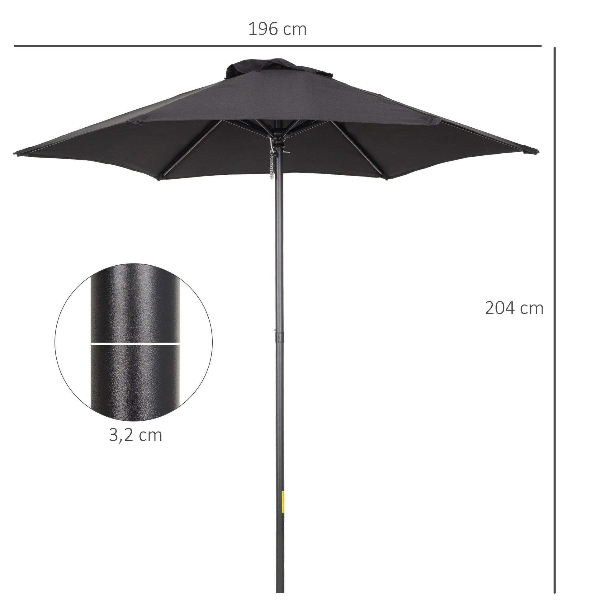 Umbrella Ø196 cm, hexagonal balcony umbrella beach umbrella windproof stable market umbrella crank umbrella sun protection for beach balcony garden, Black