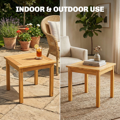 Square Side Table 48 x 48 x 46 cm (19 x 19 x 18.1 in), Weatherproof Acacia Wood Garden Table with Slatted Top and Adjustable Feet, Holds 30 kg (66 lb)