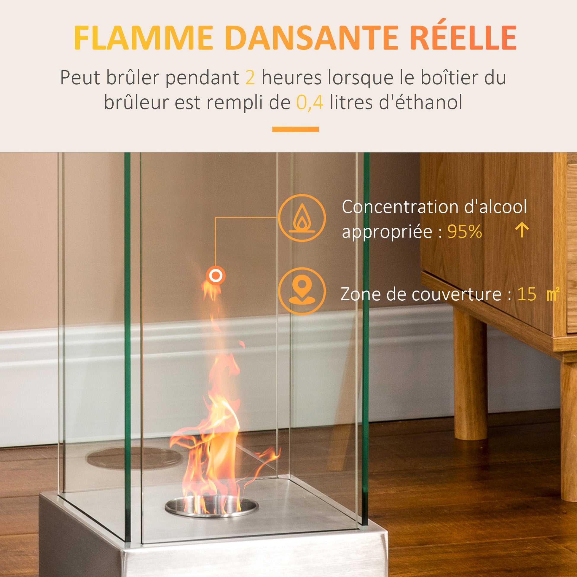 Ethanol Fireplace Freestanding Portable Table Fireplace with 0.4 L Reservoir Covering 15 m² - dim. 25L x 25W x 60H cm