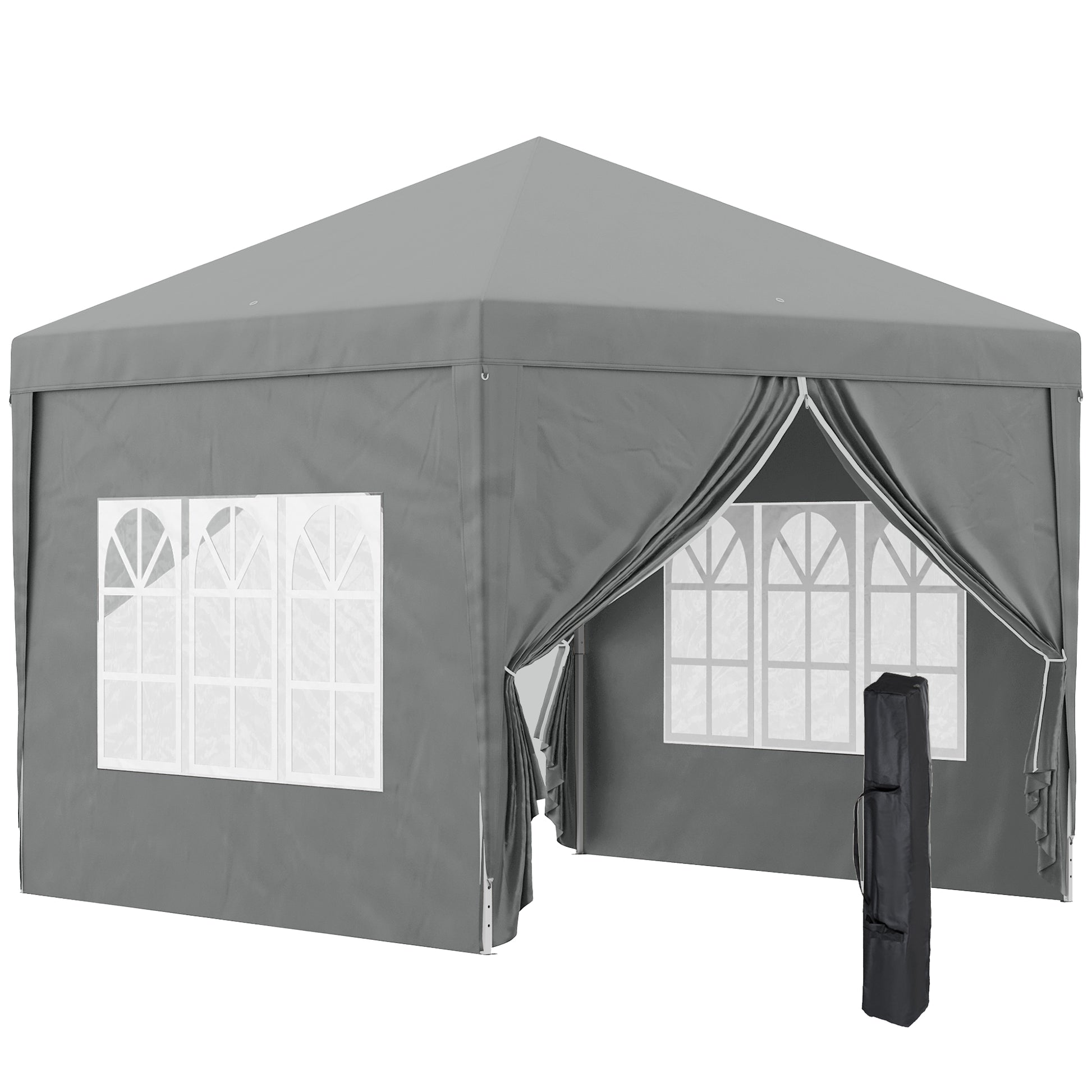 Pop Up 3x3 Foldable Gazebo with 2 Doors and 2 Windows, 4 Side Panels and Carry Bag, Steel and Oxford Fabric Outdoor Gazebo, for Garden, Parties, Camping, Light Gray