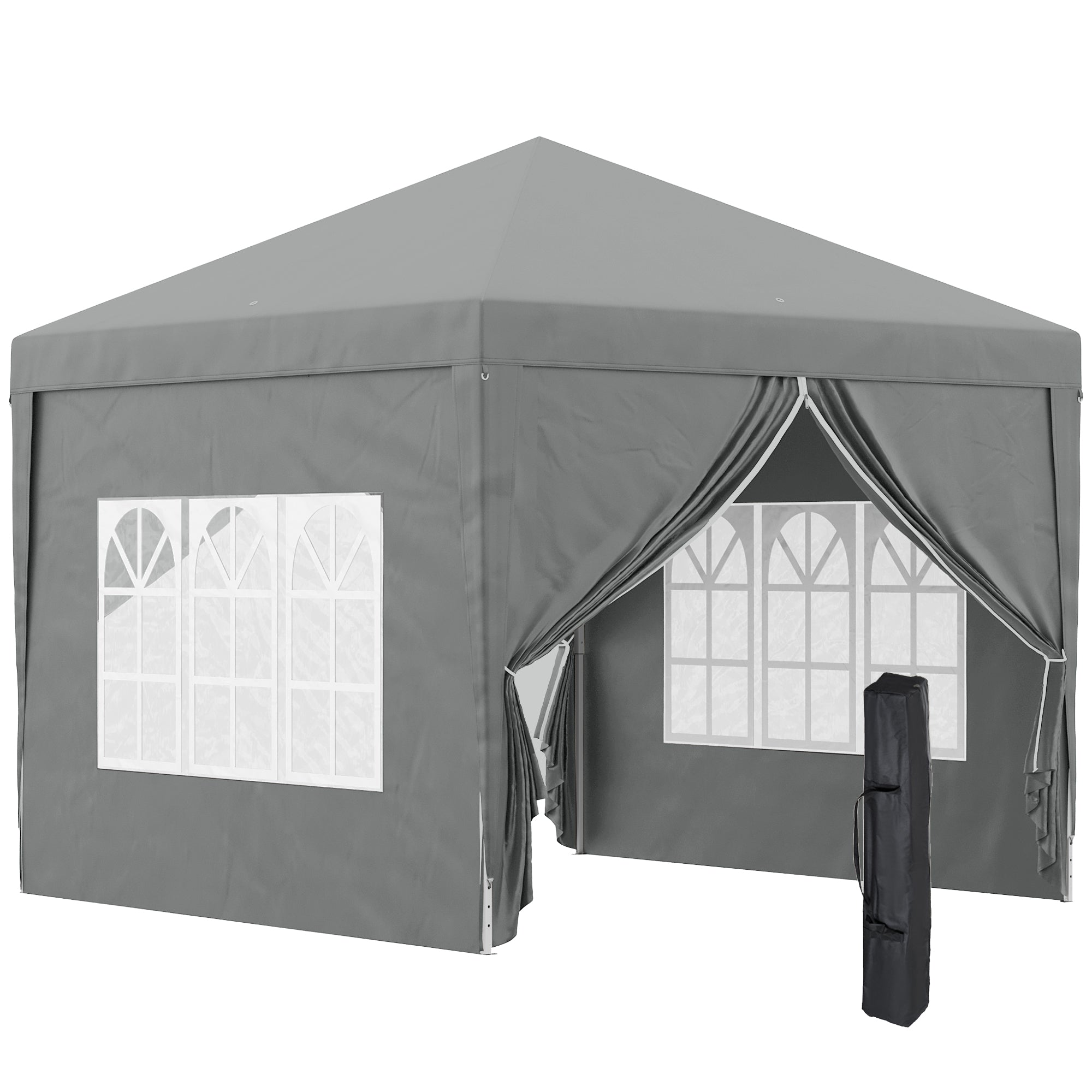 Pop Up 3x3 Foldable Gazebo with 2 Doors and 2 Windows, 4 Side Panels and Carry Bag, Steel and Oxford Fabric Outdoor Gazebo, for Garden, Parties, Camping, Light Gray