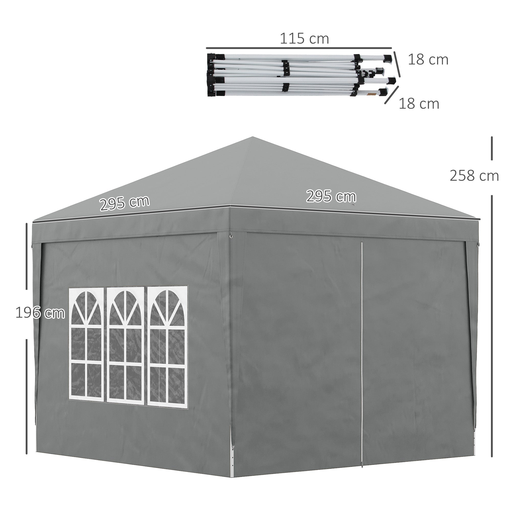 Pop Up 3x3 Foldable Gazebo with 2 Doors and 2 Windows, 4 Side Panels and Carry Bag, Steel and Oxford Fabric Outdoor Gazebo, for Garden, Parties, Camping, Light Gray