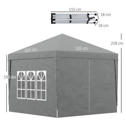 Pop Up 3x3 Foldable Gazebo with 2 Doors and 2 Windows, 4 Side Panels and Carry Bag, Steel and Oxford Fabric Outdoor Gazebo, for Garden, Parties, Camping, Light Gray