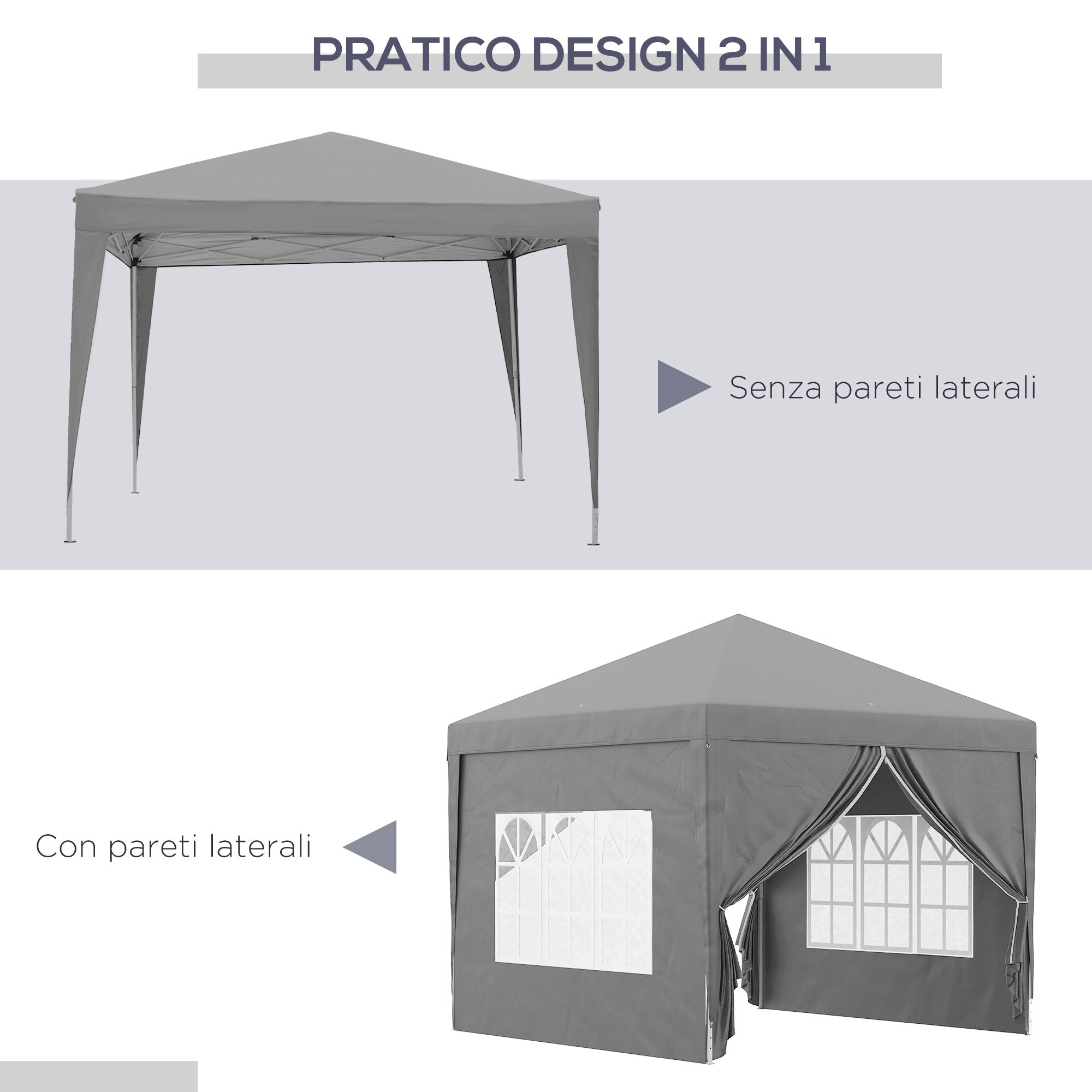 Pop Up 3x3 Foldable Gazebo with 2 Doors and 2 Windows, 4 Side Panels and Carry Bag, Steel and Oxford Fabric Outdoor Gazebo, for Garden, Parties, Camping, Light Gray