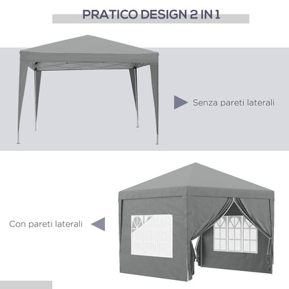 Pop Up 3x3 Foldable Gazebo with 2 Doors and 2 Windows, 4 Side Panels and Carry Bag, Steel and Oxford Fabric Outdoor Gazebo, for Garden, Parties, Camping, Light Gray