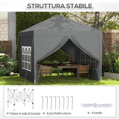Pop Up 3x3 Foldable Gazebo with 2 Doors and 2 Windows, 4 Side Panels and Carry Bag, Steel and Oxford Fabric Outdoor Gazebo, for Garden, Parties, Camping, Light Gray