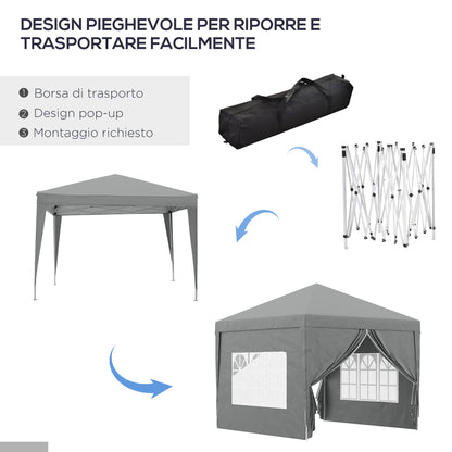 Pop Up 3x3 Foldable Gazebo with 2 Doors and 2 Windows, 4 Side Panels and Carry Bag, Steel and Oxford Fabric Outdoor Gazebo, for Garden, Parties, Camping, Light Gray