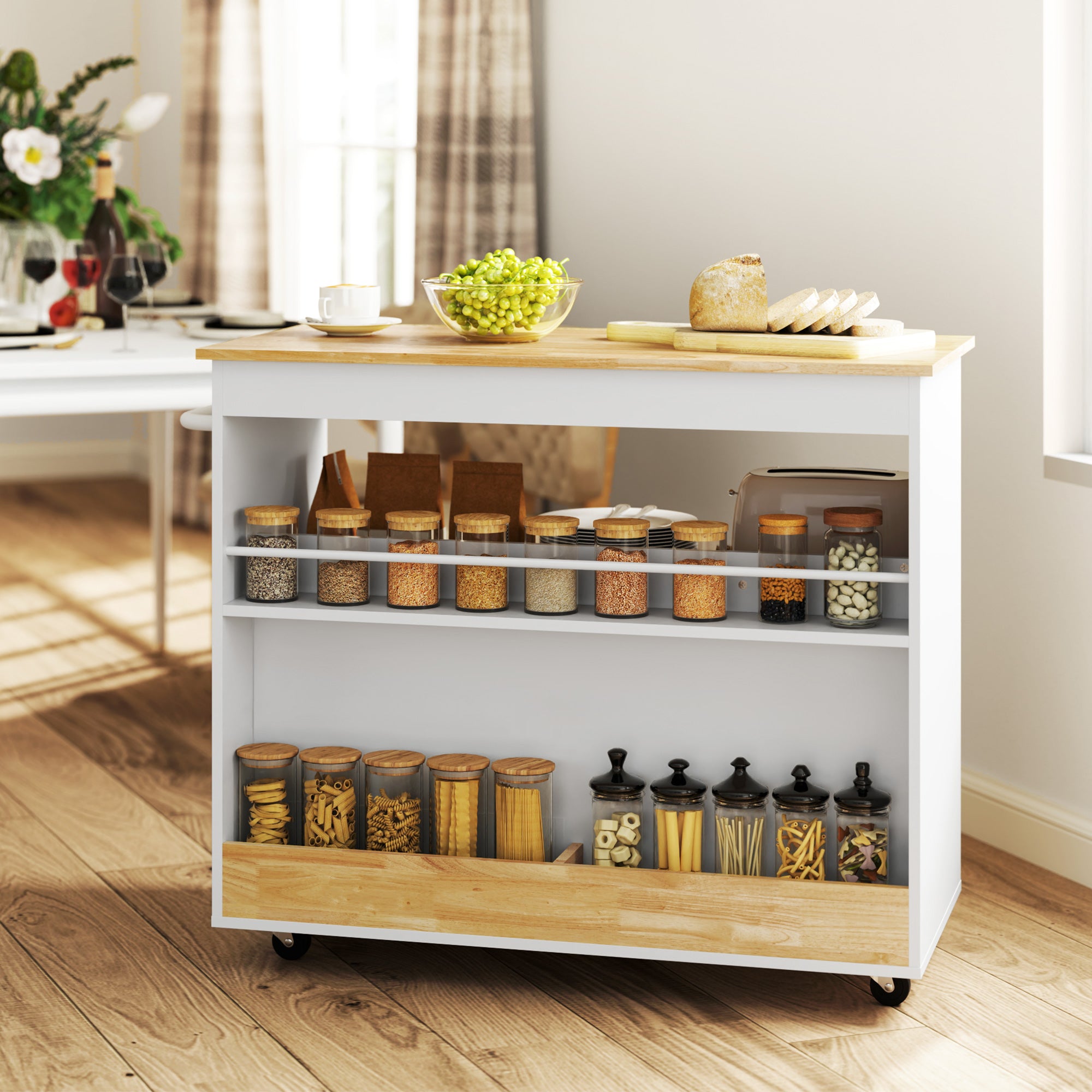Kitchen Cart Serving Trolley with Worktop, Drawers, Rolling Cart with Kitchen Cabinet with Soft Close Door, Handle, Kitchen Island with Open Compartment for Office, 107x50x85cm, Oak