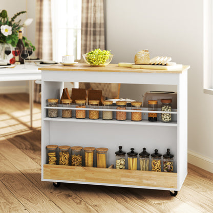 Kitchen Cart Serving Trolley with Worktop, Drawers, Rolling Cart with Kitchen Cabinet with Soft Close Door, Handle, Kitchen Island with Open Compartment for Office, 107x50x85cm, Oak
