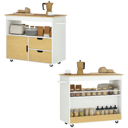 Kitchen Cart Serving Trolley with Worktop, Drawers, Rolling Cart with Kitchen Cabinet with Soft Close Door, Handle, Kitchen Island with Open Compartment for Office, 107x50x85cm, Oak