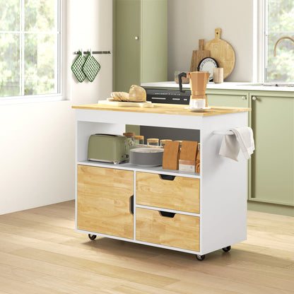 Kitchen Cart Serving Trolley with Worktop, Drawers, Rolling Cart with Kitchen Cabinet with Soft Close Door, Handle, Kitchen Island with Open Compartment for Office, 107x50x85cm, Oak