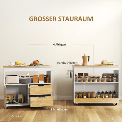 Kitchen Cart Serving Trolley with Worktop, Drawers, Rolling Cart with Kitchen Cabinet with Soft Close Door, Handle, Kitchen Island with Open Compartment for Office, 107x50x85cm, Oak