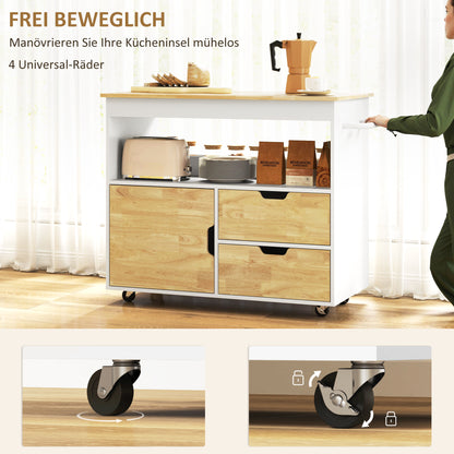 Kitchen Cart Serving Trolley with Worktop, Drawers, Rolling Cart with Kitchen Cabinet with Soft Close Door, Handle, Kitchen Island with Open Compartment for Office, 107x50x85cm, Oak