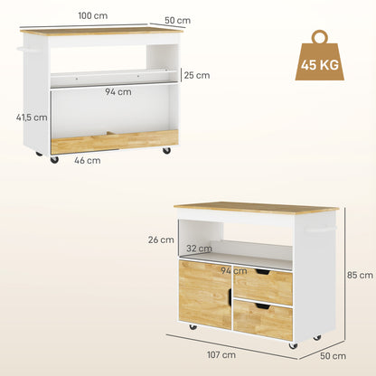 Kitchen Cart Serving Trolley with Worktop, Drawers, Rolling Cart with Kitchen Cabinet with Soft Close Door, Handle, Kitchen Island with Open Compartment for Office, 107x50x85cm, Oak